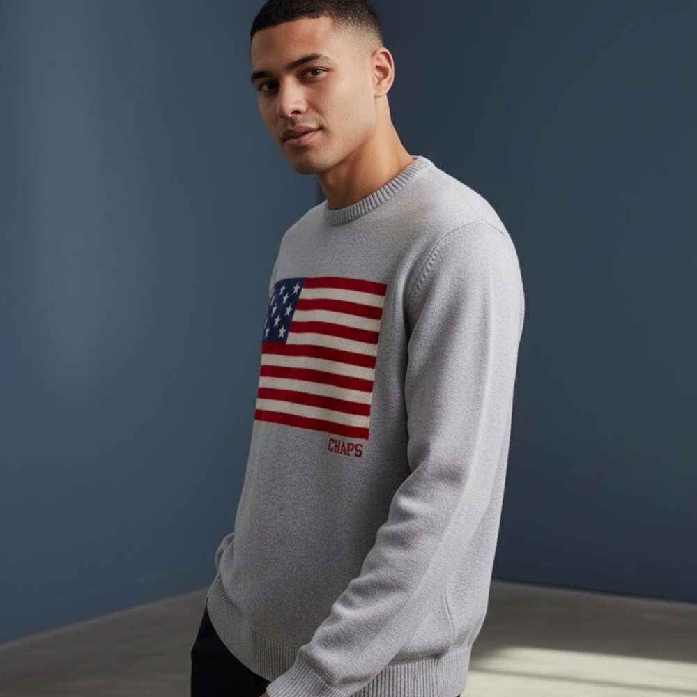 Chaps Men Light Gray Embroidered American Flag Crewneck Long Sleeve Sweater L